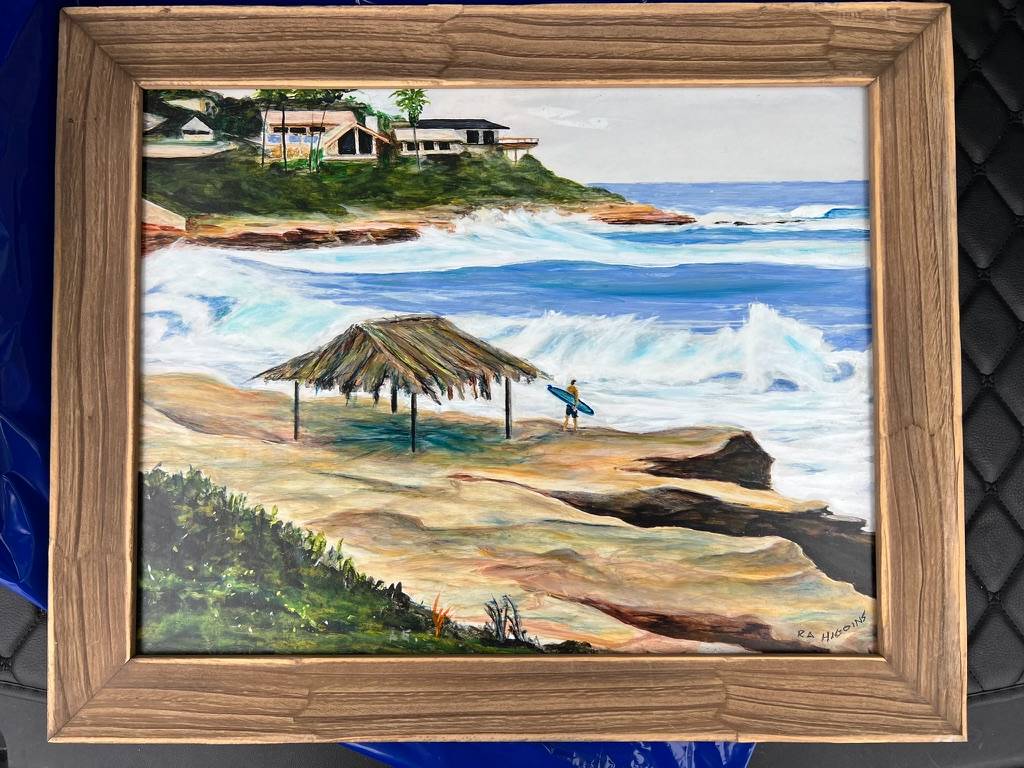 Framed painting of Windansea Beach by R. A. Higgins
